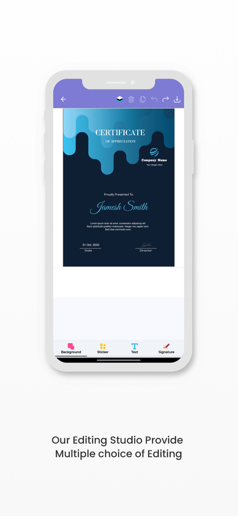 Certificate Maker:Creator - Pantalla de la aplicación móvil mostrando un certificado de agradecimiento en edición con herramientas de fondo y texto.