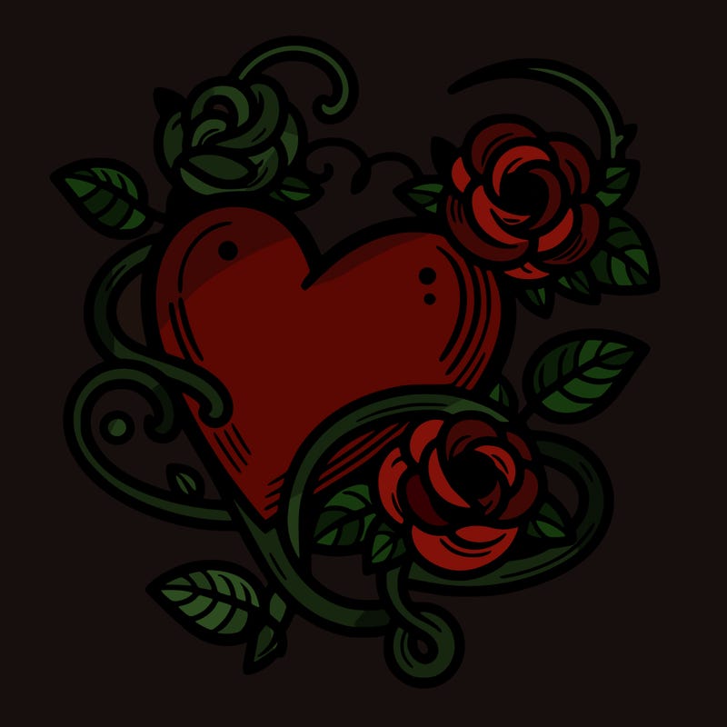 a heart with a vine wrapped around and roses on the vine