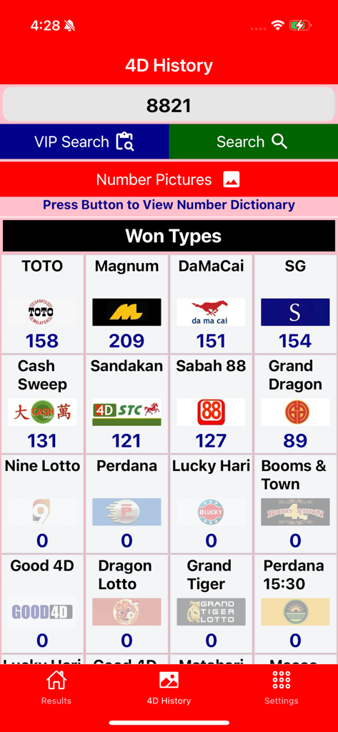 Lotto 4D Results & History 4D - 4D History search interface showing lottery win frequencies for a specific number across different operators
