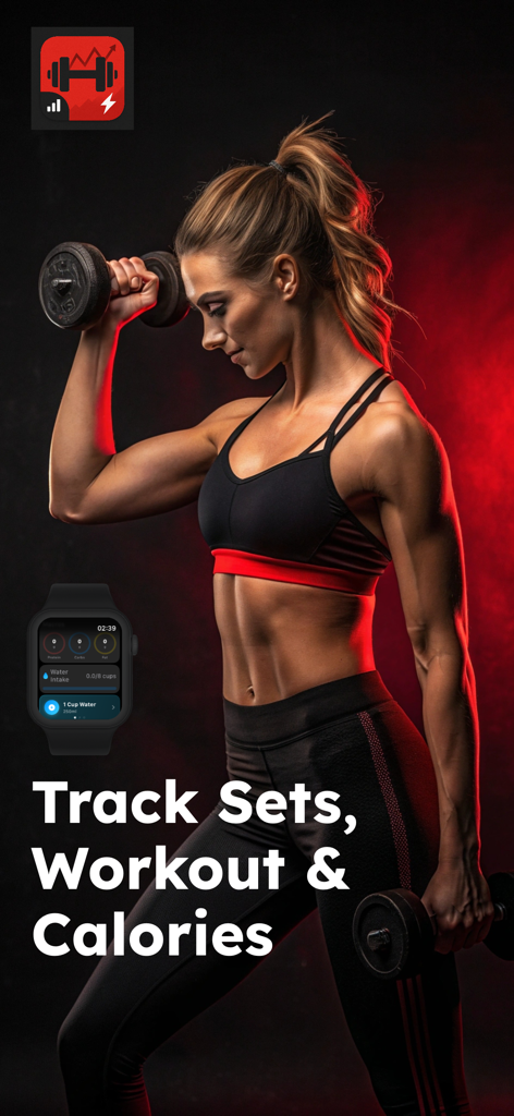 Insane - AI Cal Fit Tracker - A fit woman lifting a dumbbell with text overlay about tracking sets workouts and calories