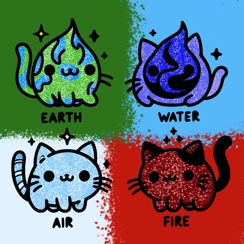 4 cats that represent the different elements, earth, water, air, and fire