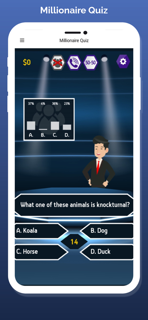 Millionaire Quiz: Tv Game 2023 - Interfaz del juego móvil Millonario Quiz que muestra una pregunta de trivia y los resultados de la encuesta de la audiencia