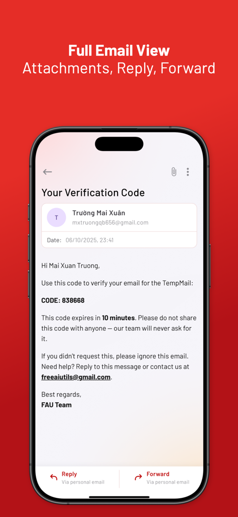 Temp Mail - A screenshot of the Temp Mail app displaying a verification code in a full email view with options to reply or forward via personal email.