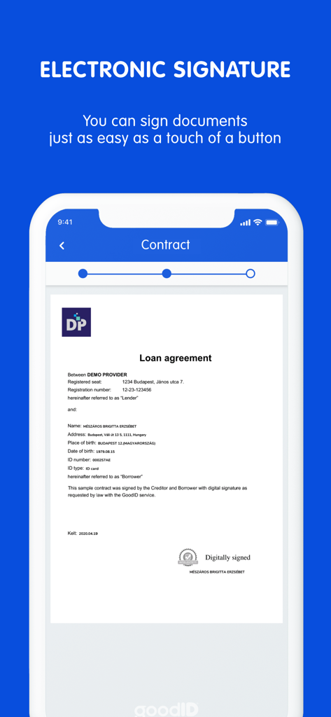 GoodID app interface displaying a digitally signed loan agreement on a smartphone screen.