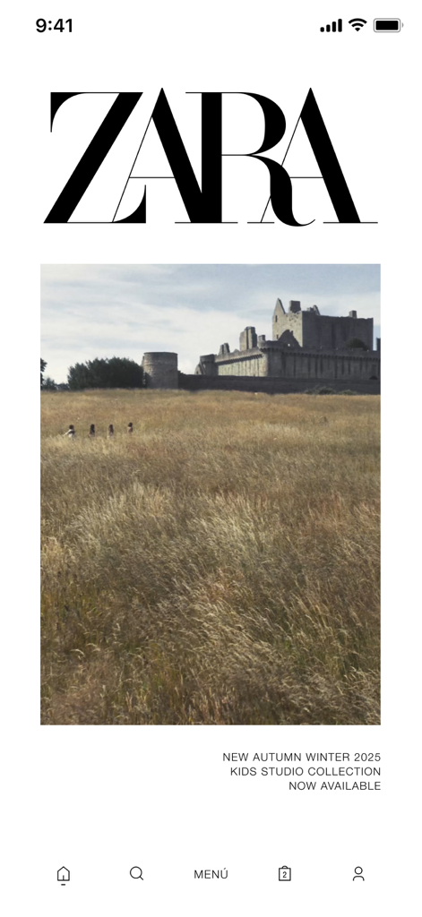 Pantalla de inicio de la aplicación móvil Zara mostrando la campaña de la nueva colección Otoño Invierno 2025 Kids Studio.
