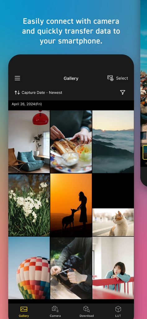 Panasonic LUMIX Lab - Screenshot of the Panasonic LUMIX Lab app gallery showing a grid of professional photos and navigation options for camera transfer and LUTs