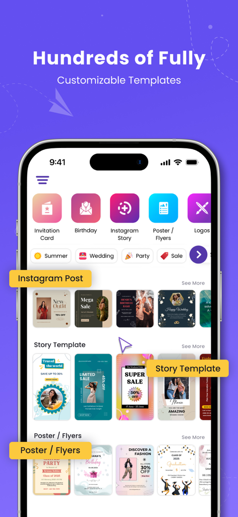 Poster Maker - Flyer Creator! - Interface do aplicativo POSTFLY mostrando vários modelos de design para histórias do Instagram, cartazes e folhetos.
