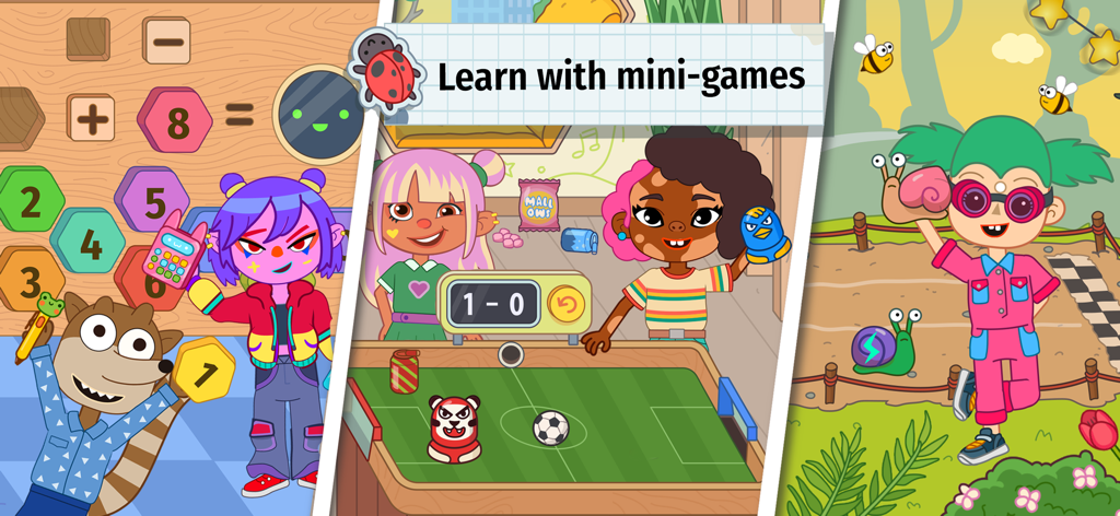 Pepi School: Fun Kid Games - Diverse children characters playing math tabletop football and nature mini games in a school setting