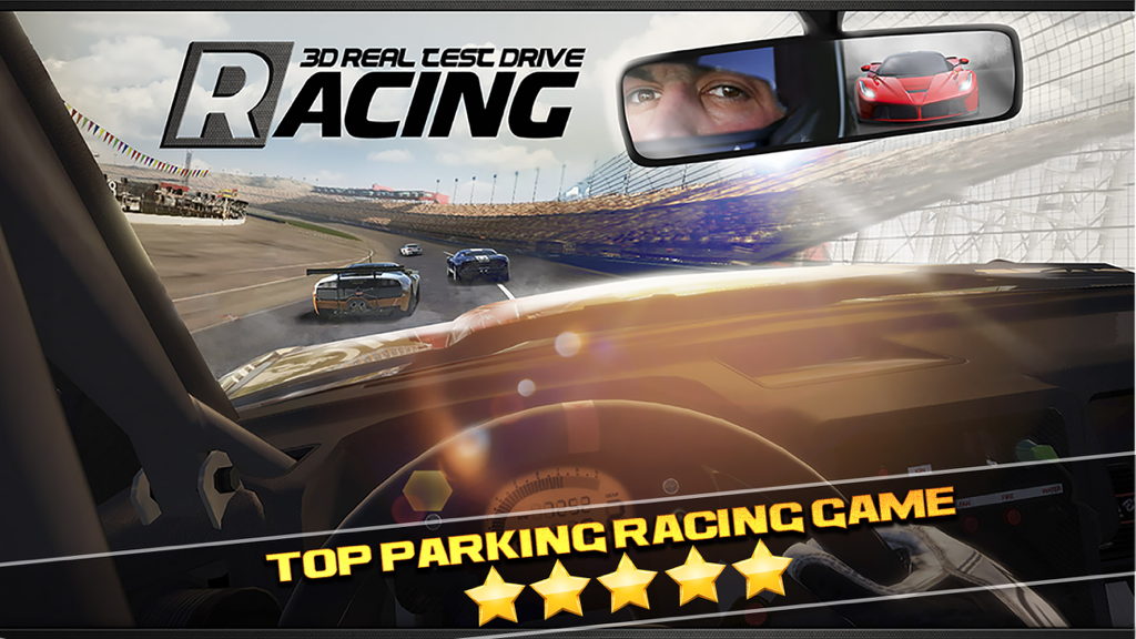 3D Real Test Drive Racing Parking Game - Free Sports Cars Simulator Driving Sim Games - First-person cockpit view of a racing car on a track with rearview mirror detail
