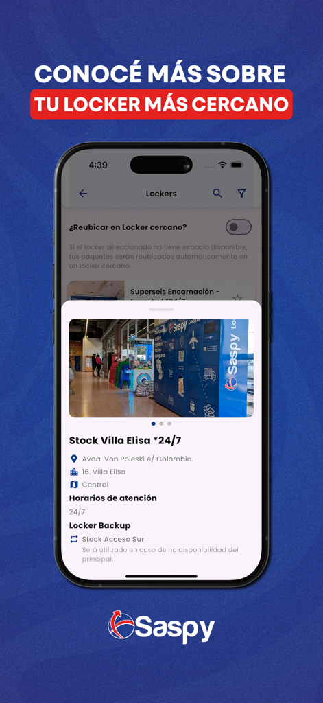 Saspy Express app screen showing 24/7 locker pickup location details and photos