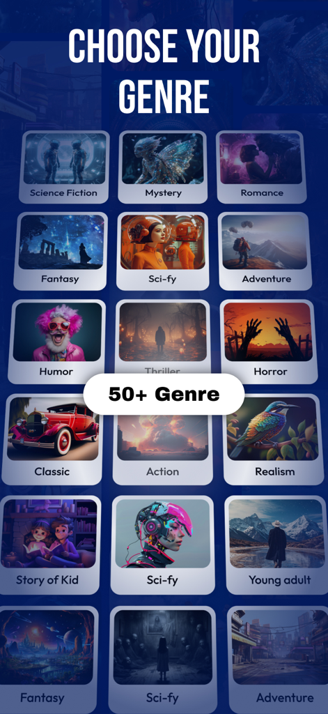 AI Story and Novel Generator - Selection screen with multiple story genres in the AI Story and Novel Generator app