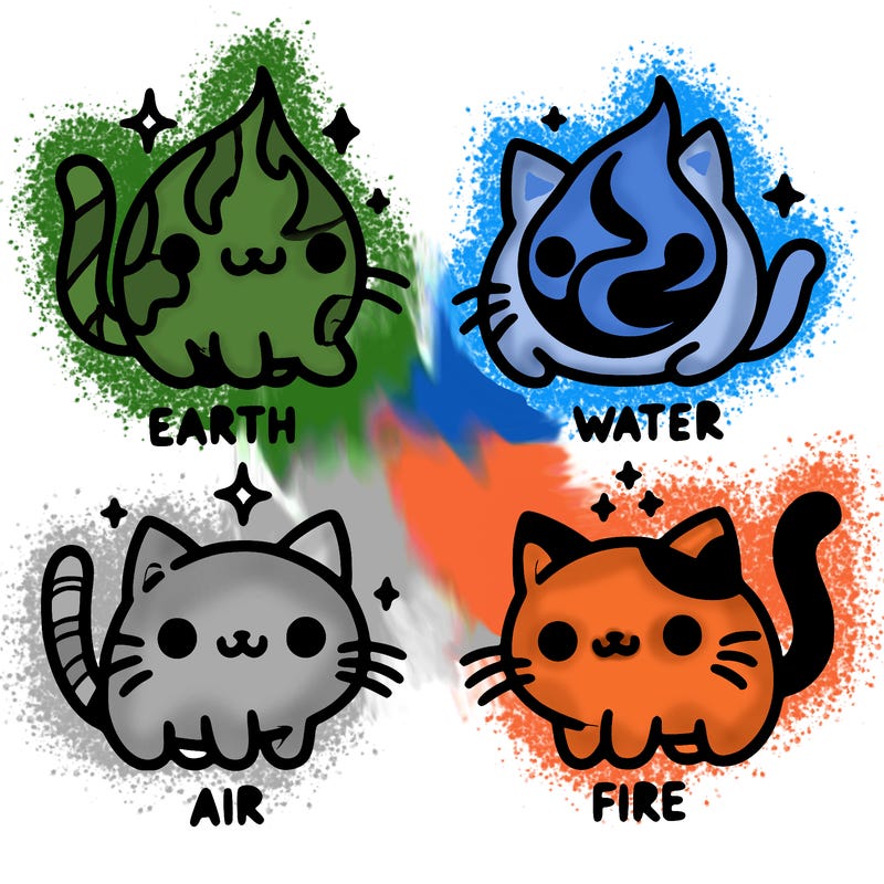 4 cats that represent the different elements, earth, water, air, and fire