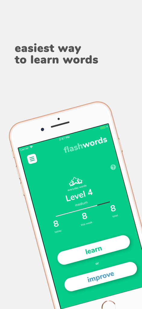 Flashwords app interface on a smartphone showing language learning levels and progress