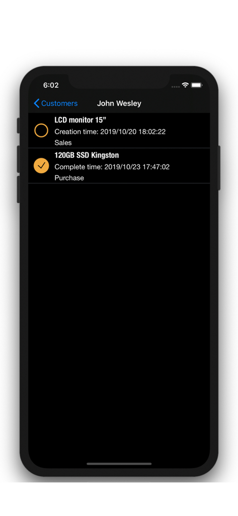 Customer Management - Contacts - Journal des interactions clients et liste des tâches sur iPhone