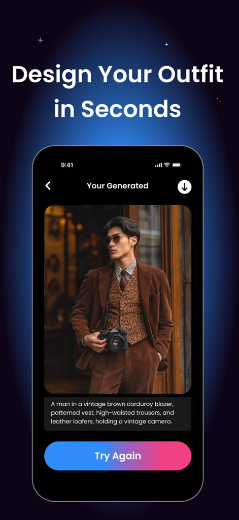 Clothes Changer & Outfit Maker - Mobile app interface showing an AI generated preview of a man wearing a vintage brown corduroy blazer and vest