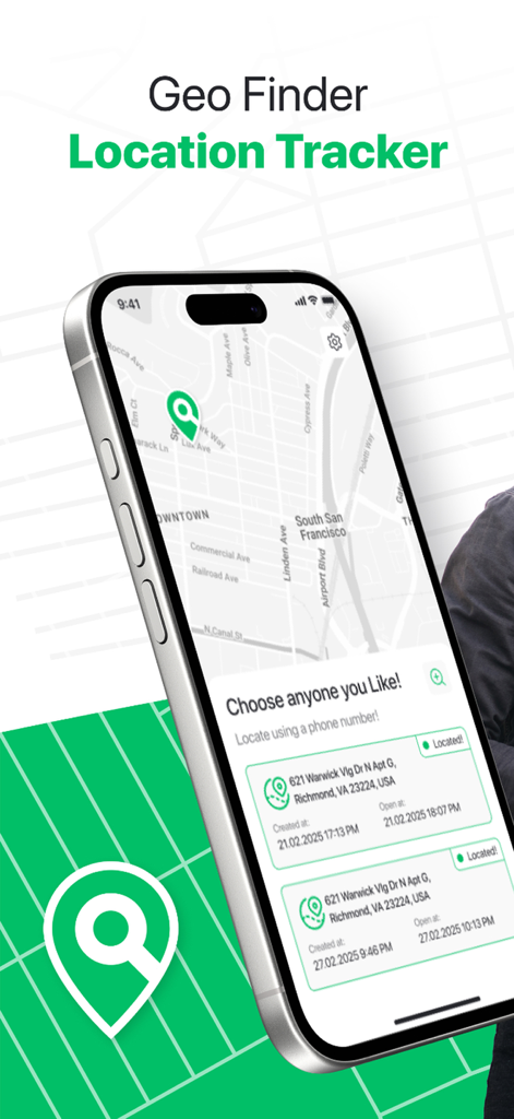 Geo Tracker GPS Phone Location - Interfaz de la aplicación Geo Finder mostrando un mapa con marcadores de ubicación y una lista de números de teléfono rastreados en Richmond Virginia