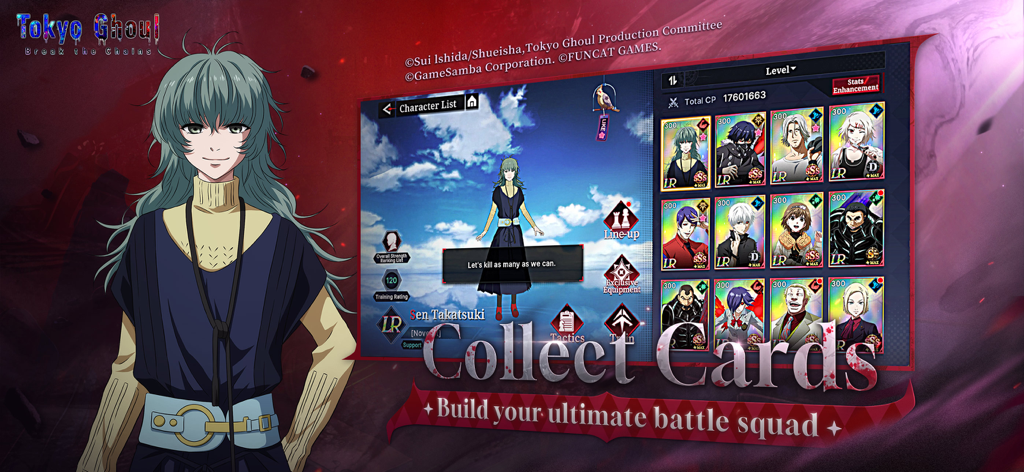 Tokyo Ghoul · Break the Chains - In-game character collection screen showing Sen Takatsuki and a grid of various anime hero cards