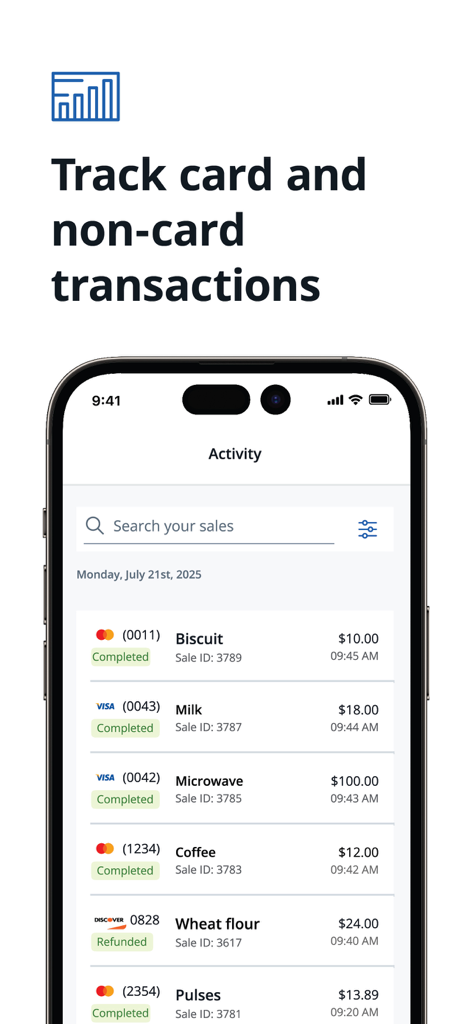 Pantalla de la aplicación Chase POS mostrando una lista detallada de transacciones comerciales y actividad de ventas