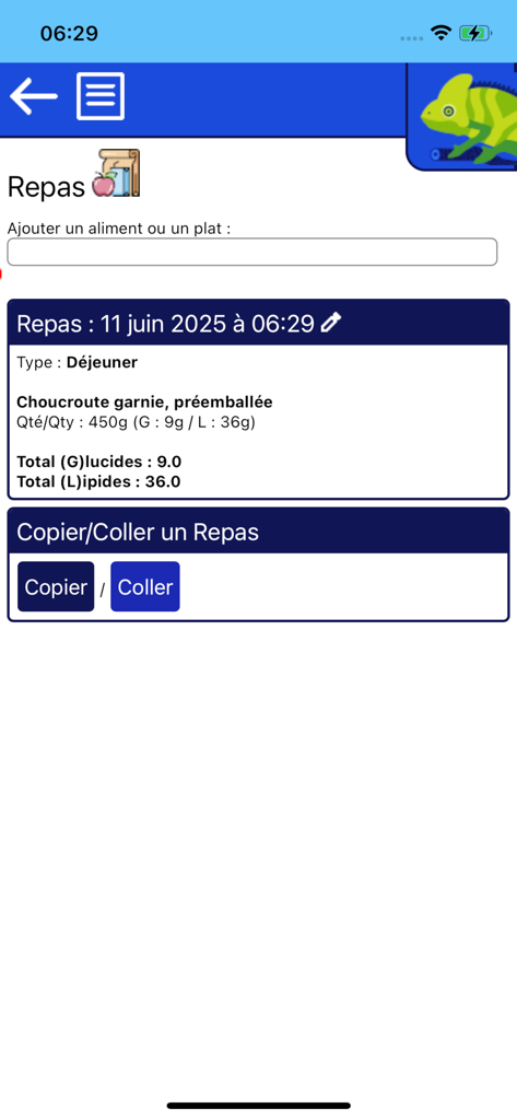 Mon Glucko - Diabète - Interface de registro de refeições no aplicativo Mon Glucko mostrando detalhes nutricionais para o café da manhã e um recurso de copiar e colar