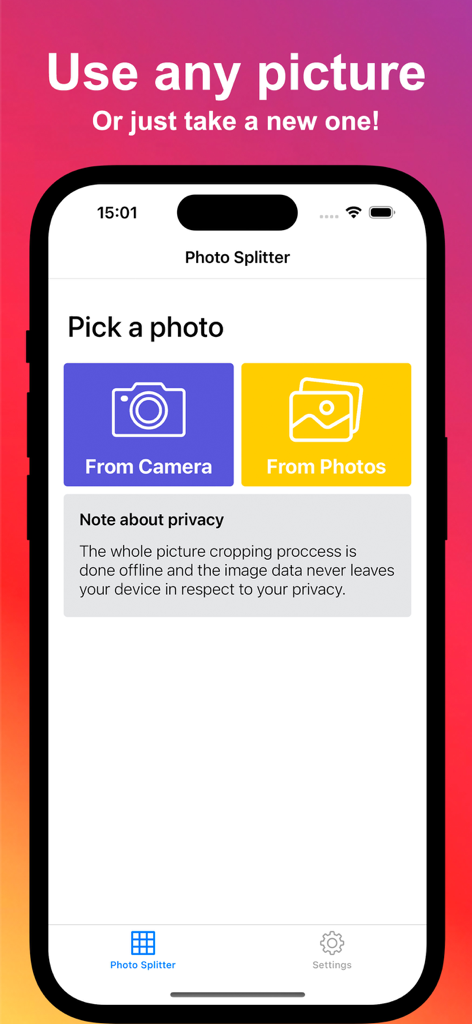 Photo Splitter: Picture Grids - Interface do aplicativo Photo Splitter em um iPhone mostrando opções para escolher uma foto da câmera ou galeria com uma nota de privacidade sobre processamento offline.