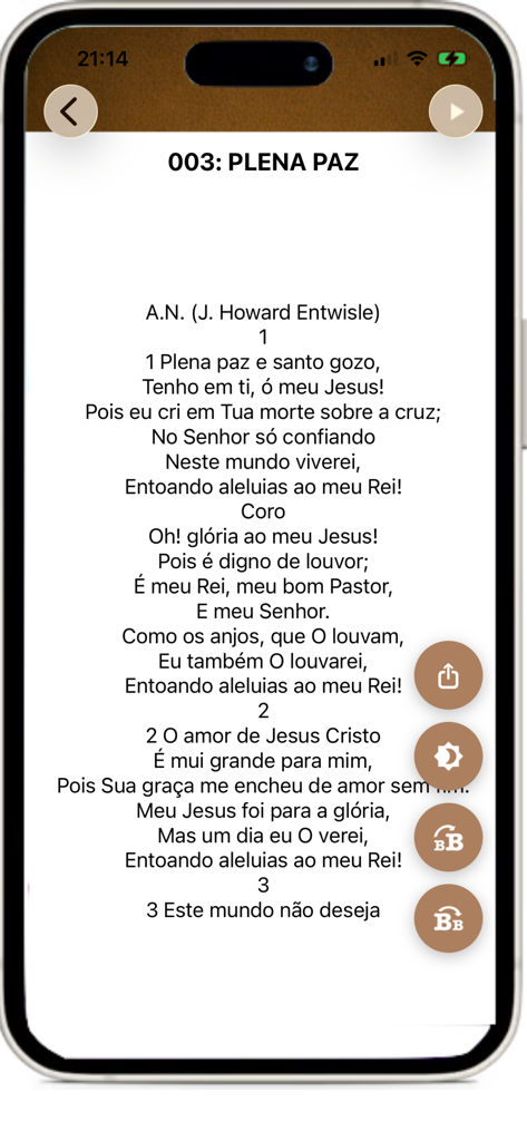 Harpa Cristã e Corinhos - Smartphone screen showing the lyrics of hymn 003 Plena Paz in the Harpa Crista app
