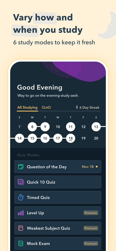 Pocket Prep Fitness app dashboard showing six study modes and a study streak calendar
