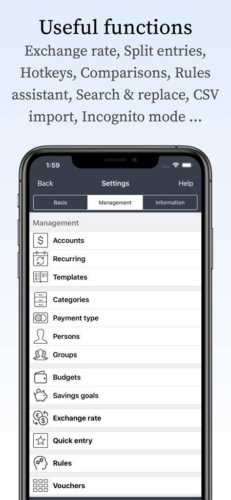 My Budget Book Pro Edition - Settings screen in the My Budget Book Pro Edition app showing financial management features like accounts, budgets, and savings goals.