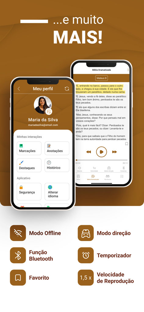 User profile and audio bible playback interface of the Biblia Fiel Comentada app