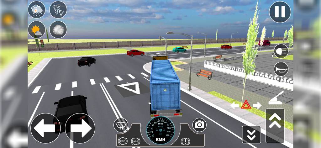 Cargo Delivery Transport - A blue semi truck driving through city traffic in the Cargo Delivery Transport simulator