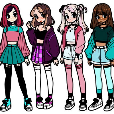 one girl with crop-top shirt and a jacket with a skirt, long socks and another girl with a shirt and pants with a jacket