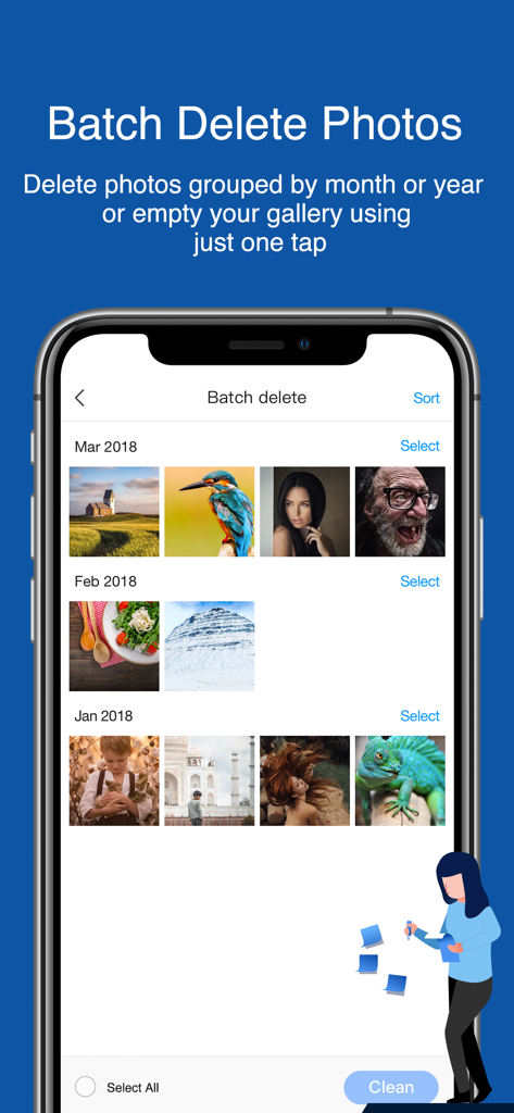 Cleaner One - Clean Storage - Oberfläche der Cleaner One App, die Fotos nach Monat gruppiert zur Stapellöschung anzeigt.