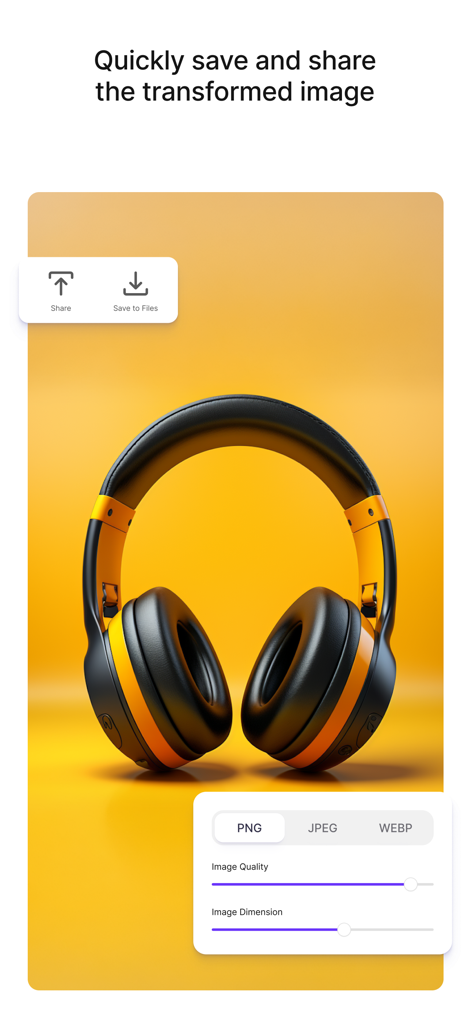 Interface mostrando opções de exportação para uma imagem aprimorada de fones de ouvido no aplicativo Upscale AI
