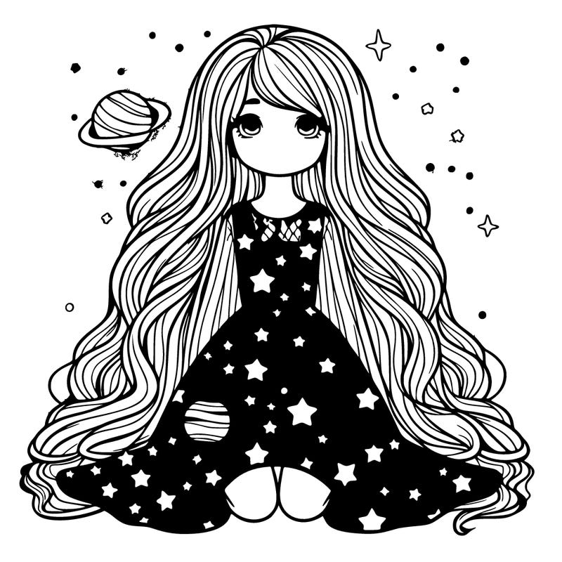 girl with on-the-floor long hair and galaxy dress