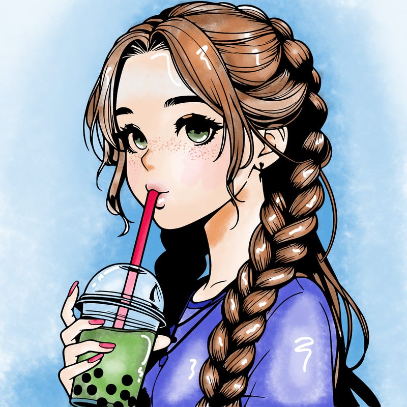 realistic girl with braided hair drinking boba