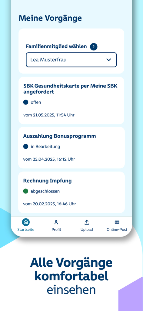 Meine SBK - Meine SBK app interface showing a list of health insurance process statuses like requested health card and vaccination invoice reimbursement.
