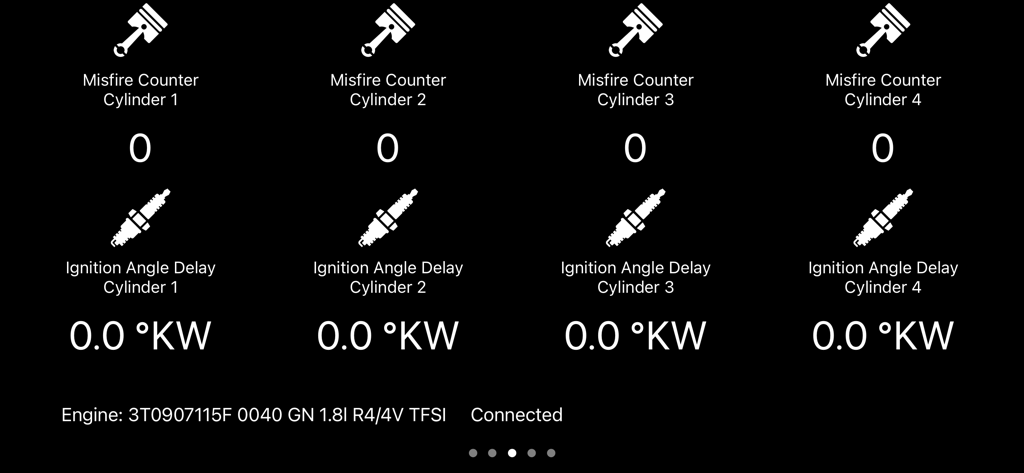 VAG Virtual Cockpit ELM327 OBD - Digital dashboard showing real-time misfire counter and ignition angle delay for four engine cylinders.