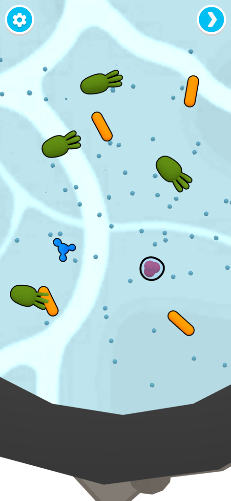 Vue de dessus de diverses bactéries colorées et d'organismes mutés flottant dans un environnement aquatique bleu.