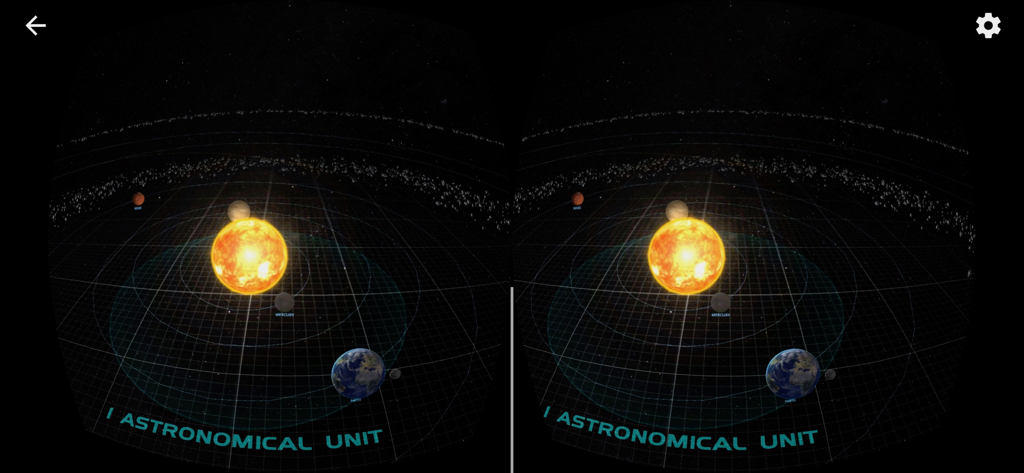 Solar System Scope VR - Split-screen VR view of the solar system showing the sun and earth with astronomical unit markers