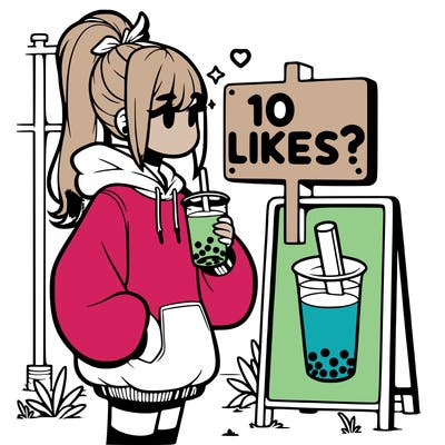 girl with oversized hoodie drinking boba and she has a high ponytail with a sign that says 10likes?