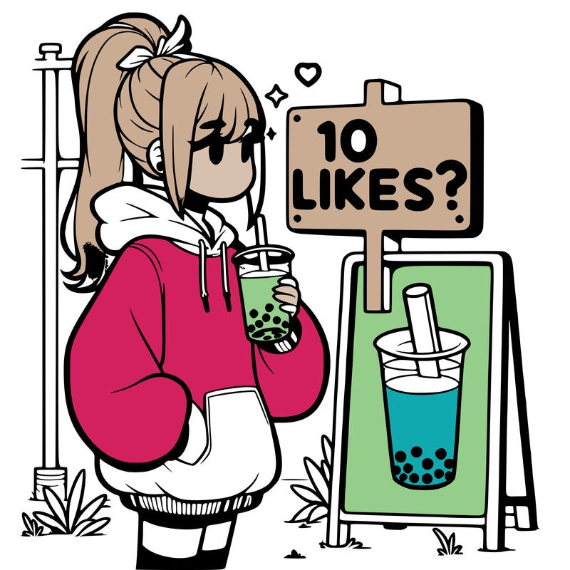 girl with oversized hoodie drinking boba and she has a high ponytail with a sign that says 10likes?