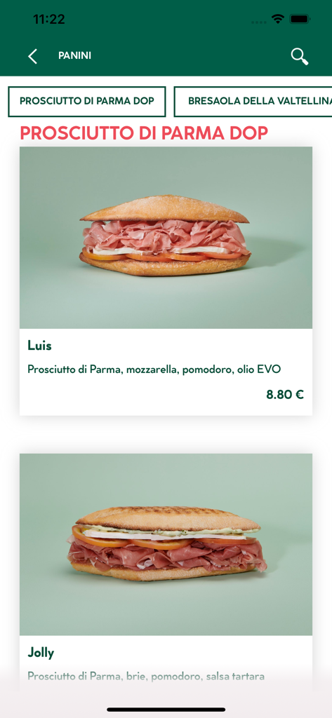 Menu interface of the MY Panino Giusto app showing gourmet prosciutto di parma panini