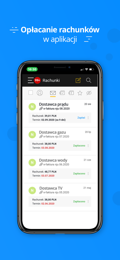 Poczta Interia app screenshot showing a list of utility bills for electricity gas and water with payment statuses