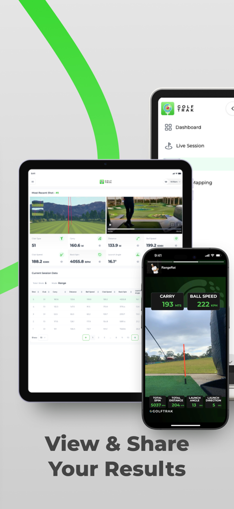 GolfTrak: Phone Launch Monitor - GolfTrak mobile app displaying shot tracking results and a live session dashboard on a smartphone and tablet