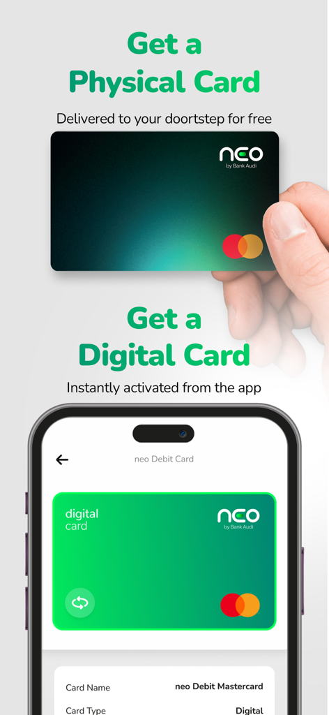 Una Mastercard física de neo by Bank Audi y una versión digital mostrada en la pantalla de un smartphone
