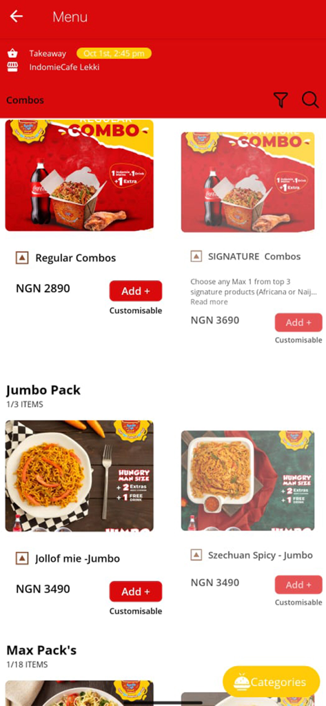 Indomie Cafe - Indomie Cafe app menu showing various noodle combo meals and prices.
