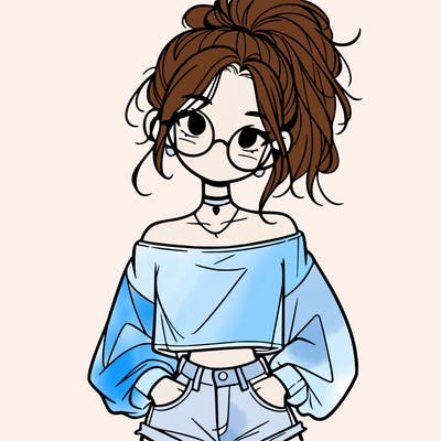 girl with a messy ponytail glasses a baggy crop top and jean shorts