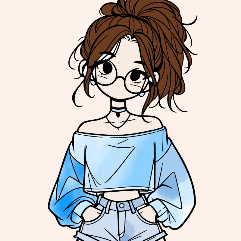 girl with a messy ponytail glasses a baggy crop top and jean shorts