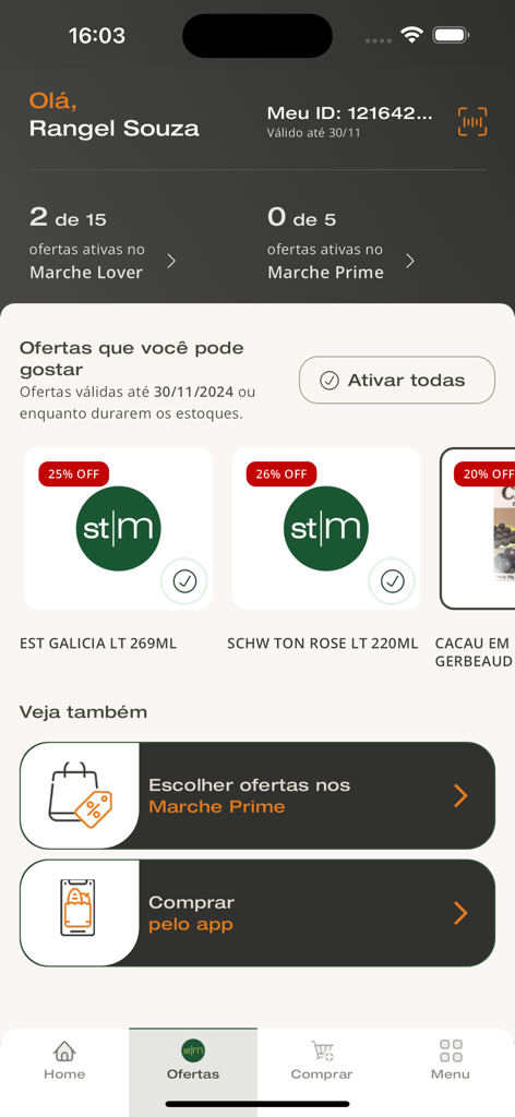 Personalized offers and discount vouchers screen in the St Marche mobile app.