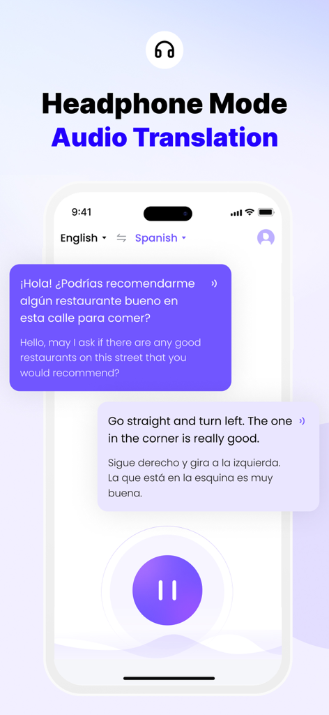 A screenshot of Felo Translator showing its real time audio translation and headphone mode features on an iPhone interface.