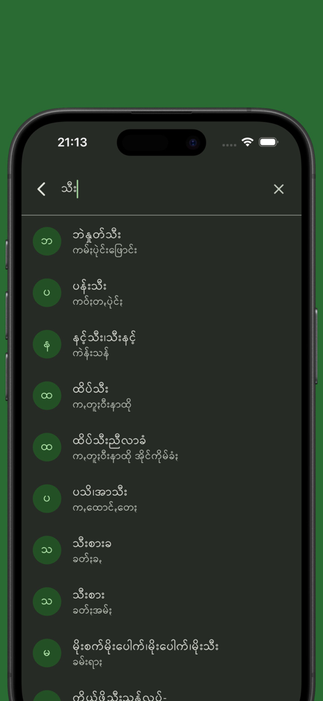 A screenshot of the Pa'O Myanmar Dictionary app showing a list of search results with translations between Pa'O and Myanmar languages on a mobile interface.